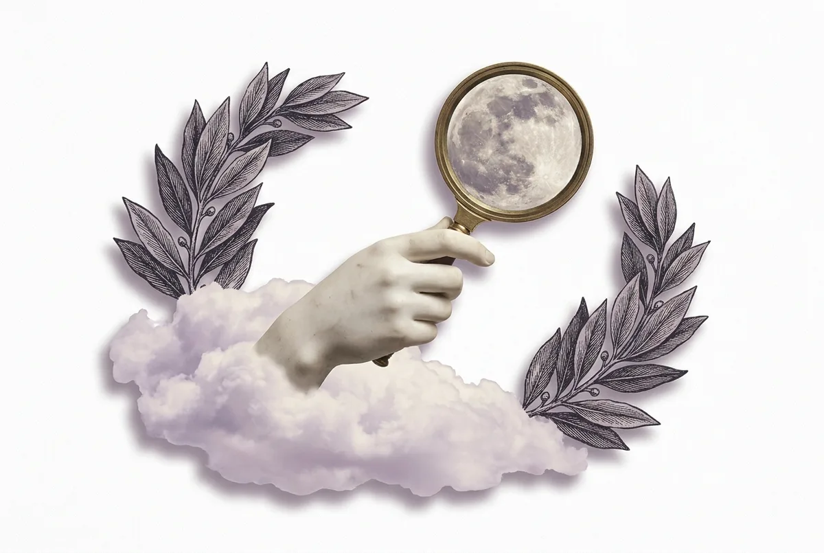 Collage surrealista: mano de mármol con lupa antigua sobre una luna llena, ramas de laurel grabadas
