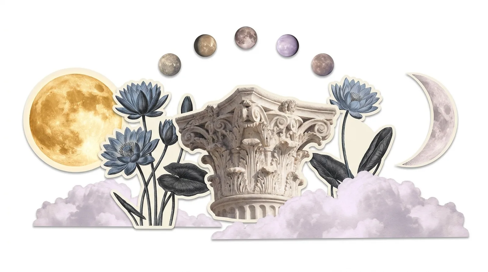 Collage surrealista: sol y luna fotorrealistas, columna de mármol, flores de loto grabadas y nubes lilas