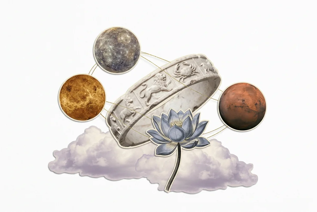 Collage surrealista: Mercurio, Venus y Marte alrededor de un anillo zodiacal de mármol unidos por hilos dorados